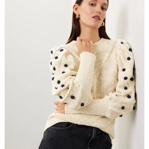 Marie Oliver White Balloon Sleeve Sweater XL Cottage Cotton Bobble Designer $258